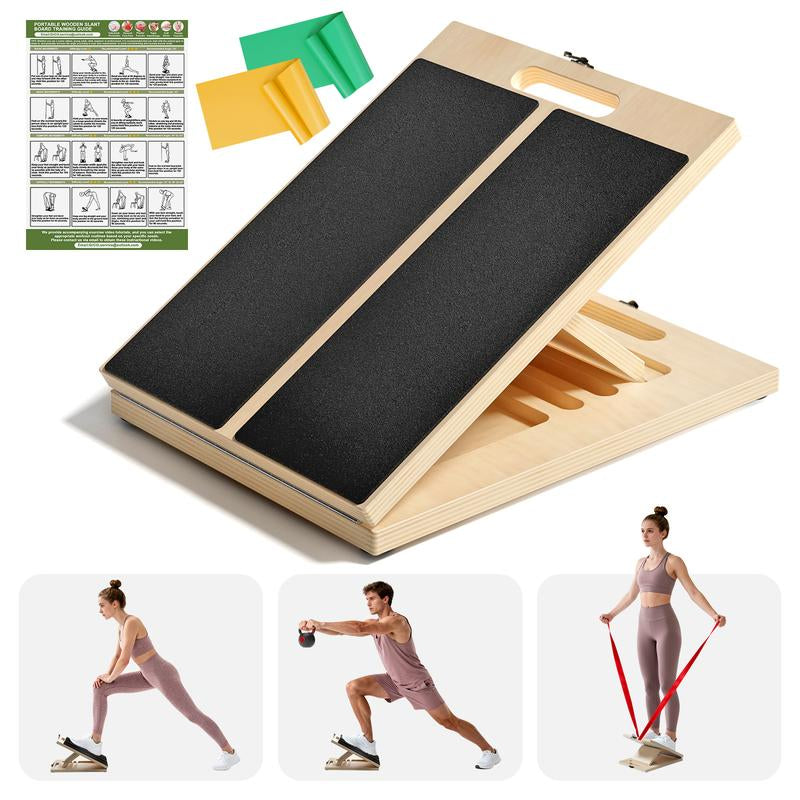 Slant Board for Calf Stretching, Adjustable Portable Wooden Board with 2 Resistance Bands & Training Poster,300 Lbs Weight Capacity Calf Stretch Wedge for Legs, Knees & Flexibility