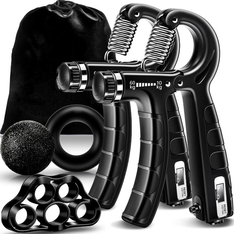 Hand Grip Strengthener Workout Kit (5 Pack) Forearm Grip Adjustable Resistance Hand Gripper, Finger Exerciser, Finger Stretcher, Grip Ring & Stress Relief Grip Ball for Athletes
