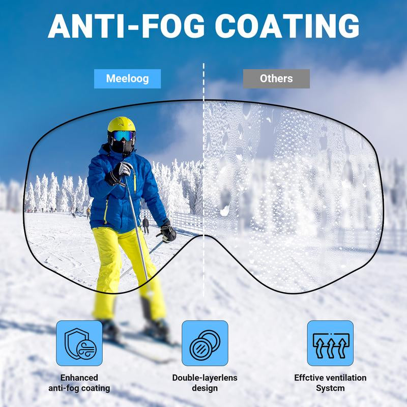 MEELOOG Ski Goggles Frameless OTG Snowboard Goggles Anti-Fog 100% UV400 Protection for Men Women with Double-Layer Spherical Lenses & Non-Slip Strap
