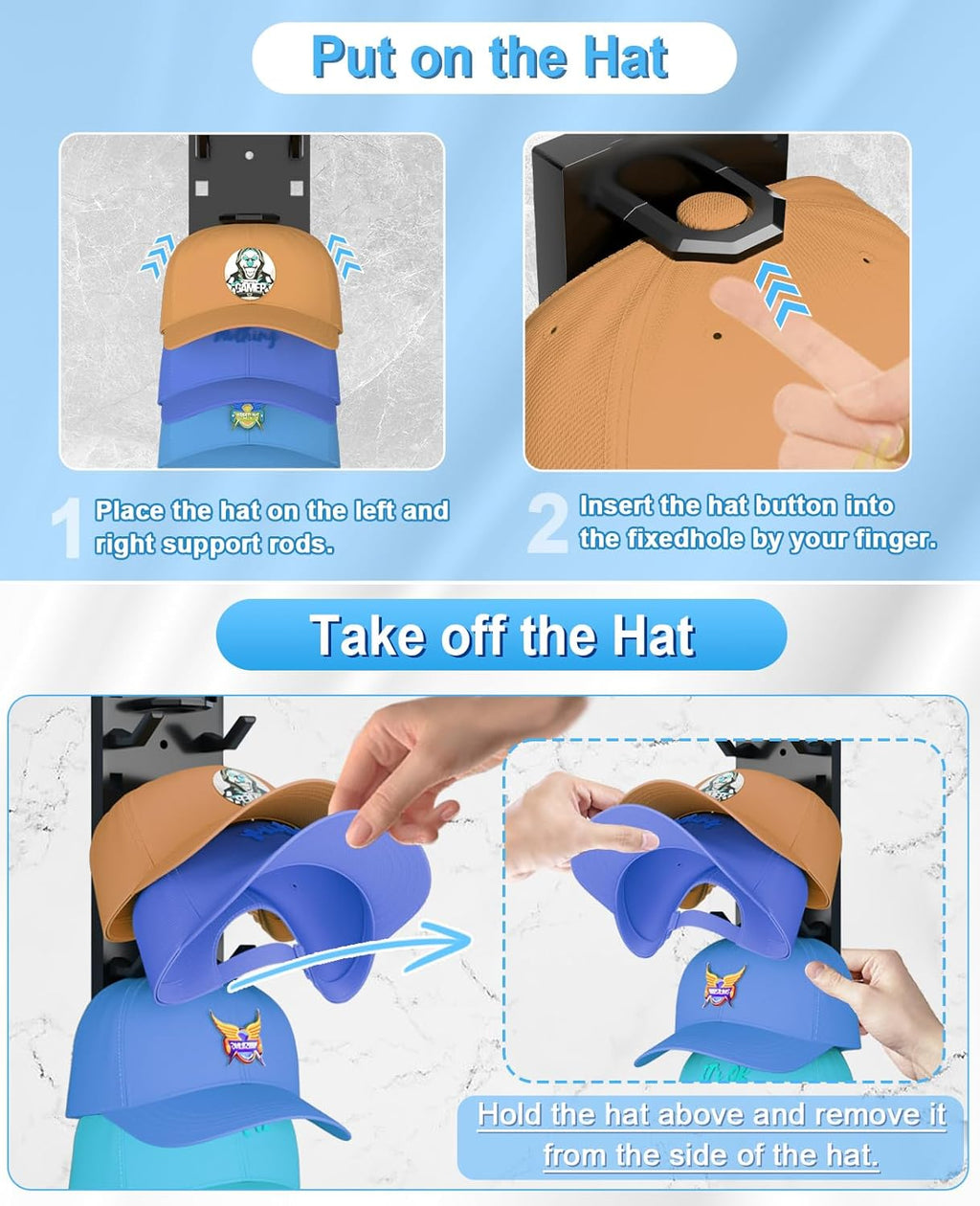 2 Pack Hat Organizer for Baseball Caps, Strong Adhesive Hat Rack for Wall, Multilayer Hat Storage Display Holder, Wall Mounted Hat Hooks Hold up to 18 Hats for Closet Door and Bedroom (Black)