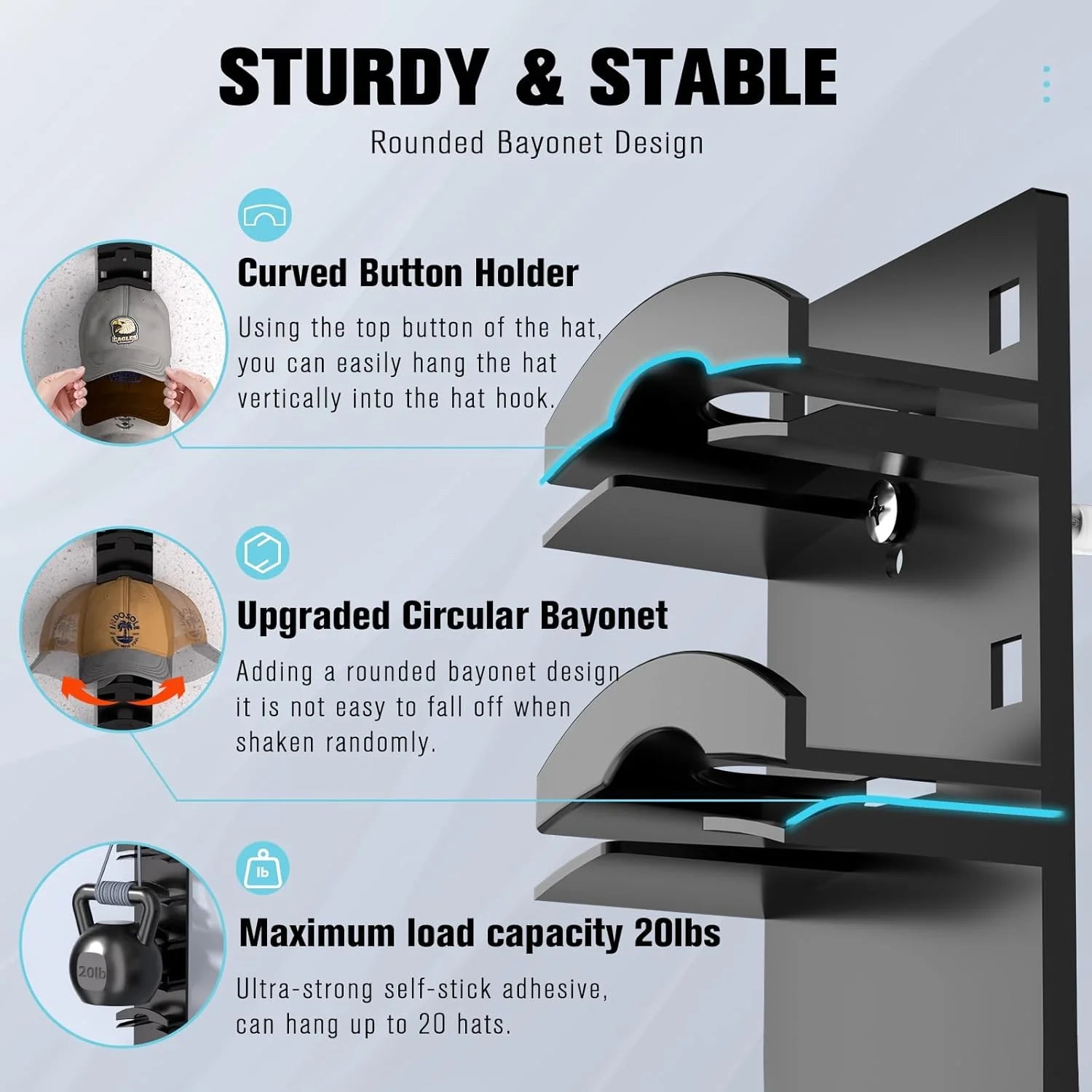 Hat Organizer for Baseball Caps 2Pack, Hat Rack for Wall with Strong Adhesive Hold up to 20 Hats, Hat Hanger Holder Display for Door Closet