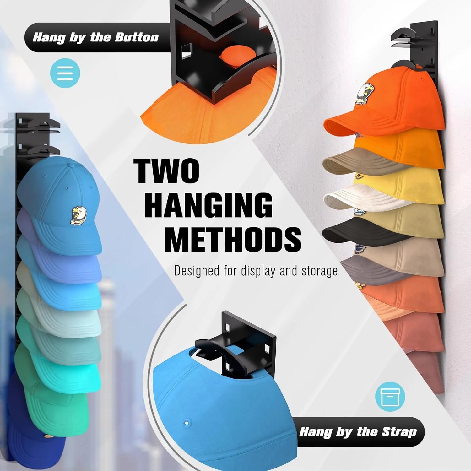 Hat Organizer for Baseball Caps 2Pack, Hat Rack for Wall with Strong Adhesive Hold up to 20 Hats, Hat Hanger Holder Display for Door Closet